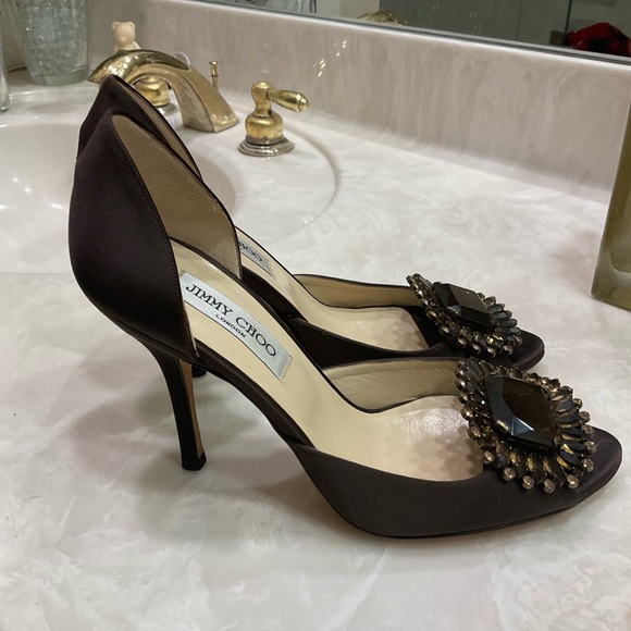 Jimmy Choo Bejeweled Brown Satin Pumps, Vintage, Excellent Condition, Sz 8.5/39 - Picture 14 of 16